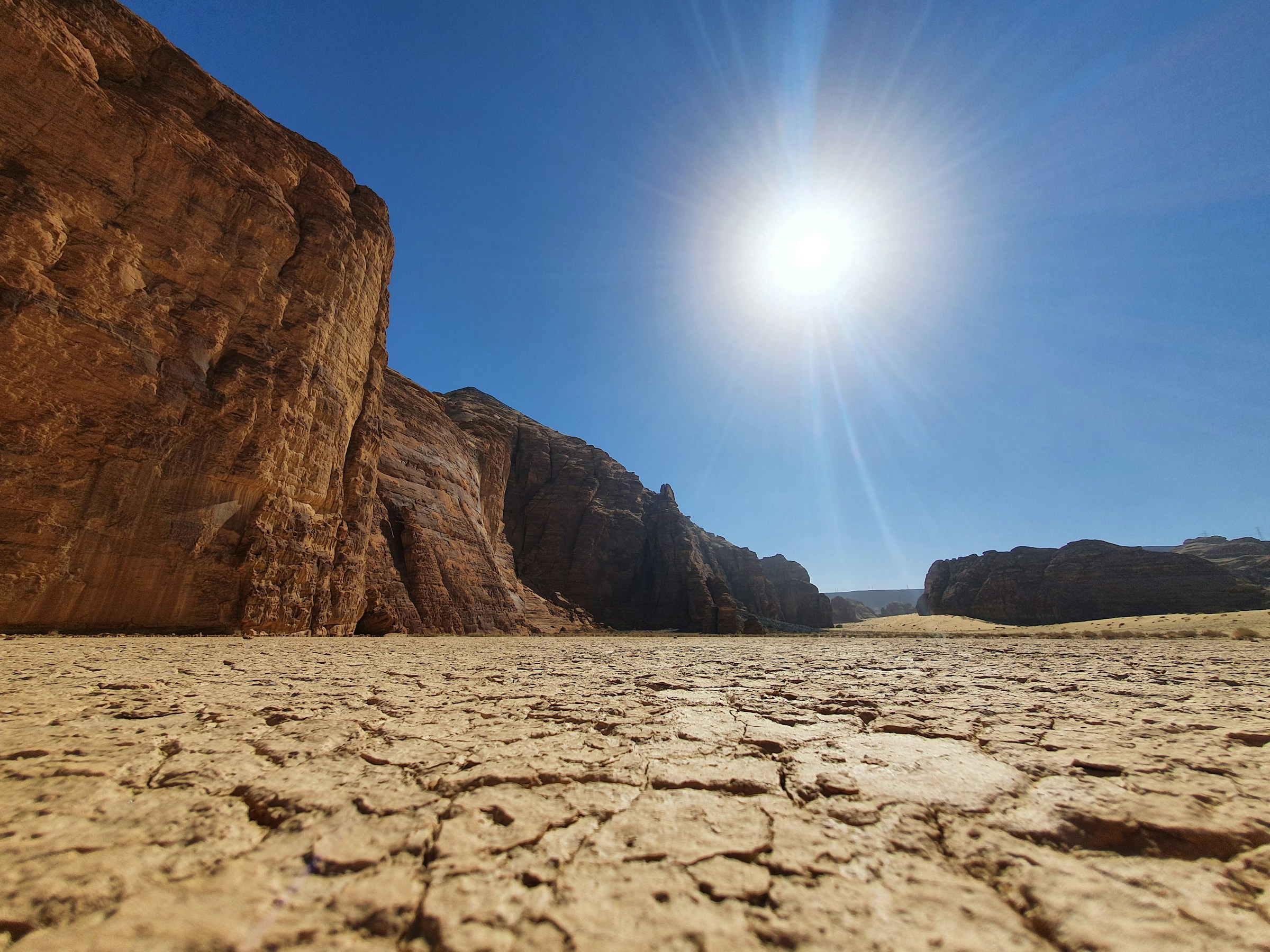 Sunlit sandstone landscape in AlUla, Saudi Arabia